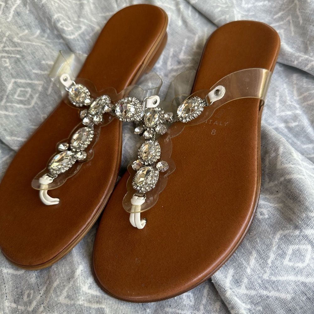 Italian Leather Brown Thong Sandals with Sparkly Rhinestone Embellishments